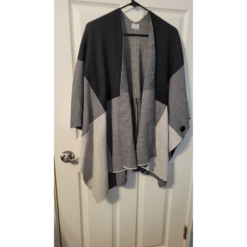 Keren Hart Wool Blend Geometric Colorblock Poncho Cape Sweater - Black M